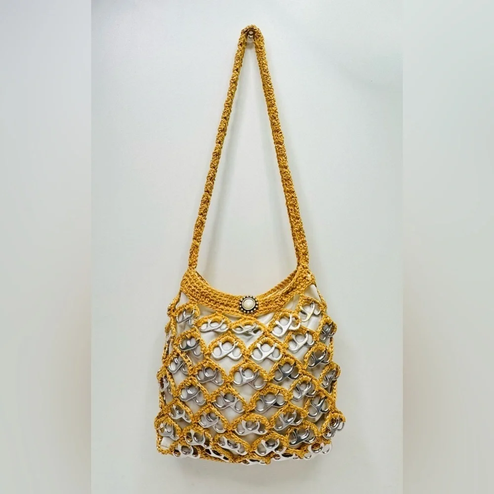 Handmade Crochet‎ Gold Brown Handbag Purse Art with Recycled Soda Pop Tabs